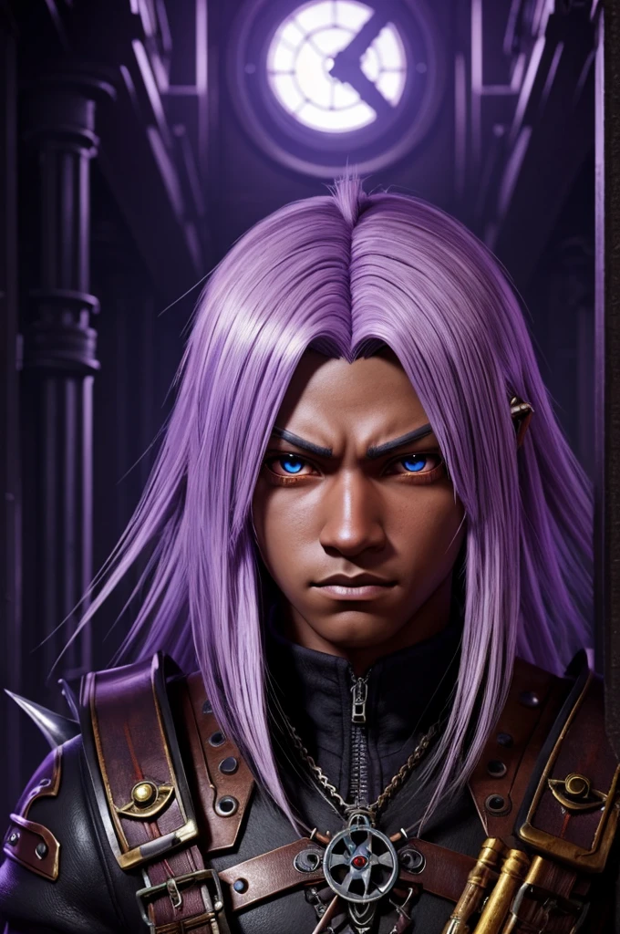 ((best quality)), ((masterpiece)), (detailed), ((boy)), ((mix between dungeonpunk and steampunk)), (serious), fantasy illustration dark skinned, human, upper body, portrait, red eyes, long white hair, wearing armor, Xemnas from Kingdom Hearts, half-drow, pointy ears, serious face, dramatic lighting, purple hue, art by Kinema Citrus and Tetsuya Nomura