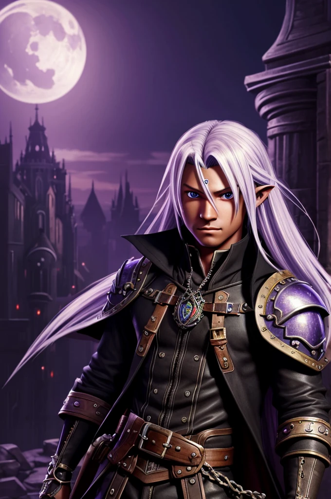 ((best quality)), ((masterpiece)), (detailed), ((boy)), ((mix between dungeonpunk and steampunk)), (serious), fantasy illustration dark skinned, human, upper body, portrait, red eyes, long white hair, wearing armor, Xemnas from Kingdom Hearts, half-drow, pointy ears, serious face, dramatic lighting, purple hue, art by Kinema Citrus and Tetsuya Nomura