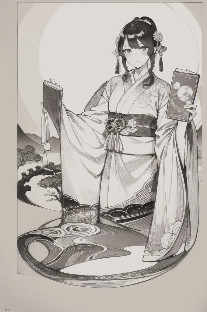 best quality, masterpiece, photo, 4K, photorealistic, highly detailed, huge moon in the background, black and white, closeup, Create a realistic ukiyo-e illustration of a cute girl in a kimono that conveys Japanese culture in various poses with a Japanese garden in the background, using a simple monochrome coloring book that even children can do.