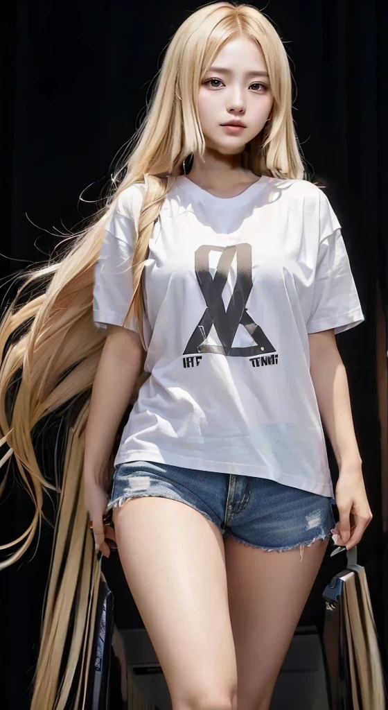 (SFW:1.5), 1 Female, Age 20, Baggy T-shirt(White)((Short sleeve))、The T-shirt goes up to the thighs、Ultra High Quality, It is high resolution., 8k, It's photorealistic,