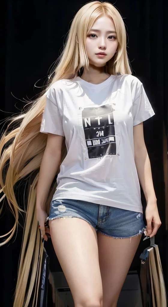 (SFW:1.5), 1 Female, Age 20, Baggy T-shirt(White)((Short sleeve))、The T-shirt goes up to the thighs、Ultra High Quality, It is high resolution., 8k, It's photorealistic,