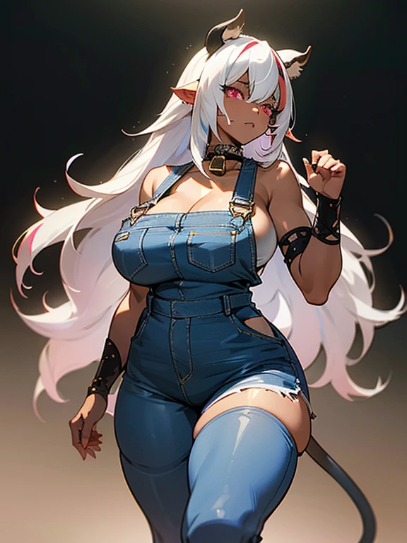 8k_wallpaper, extremely detailed eyes, extremely detailed body, (large masterpiece digital art), (detailed manga illustration), (detailed line art), ((perfect anatomy)), (intricate details:1.3), (ultra-detailed:1.3), (illustration:1.3), (sharp focus:1.3), (natural lighting:1.05), (vivid colors:1.3), (masterpiece), (best quality:1.4), (perfect anatomy:1.4), high quality, expressive eyes, full body, tall girl, detailed face, beautiful face, perfect face, detailed ((white hair)), (black hair), (pink eyes), {{dark skin}}, ({dark skinned female}), cow girl, gigantic breasts, thick thighs, very long hair, bare shoulders, denim, (blue overalls), overalls, dynamic lighting, cow print, high resolution, 4k resolution, dynamic pose, silver jewelry, {fantasy farm background}, choker, (cow ears), {{cow tail}}, (tail), ((streaked hair)), wide hips, thighhighs, horns, {cow horns}, animal ears, skin dentation, curvy, plump,