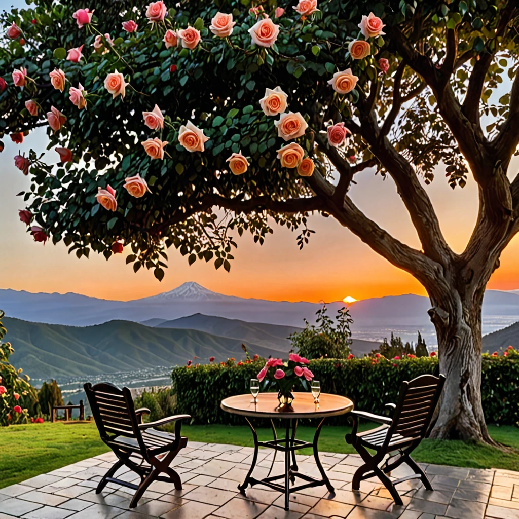 Roses with a table and two chairs under a giant tree, a mountain view in the background, covered in sunset