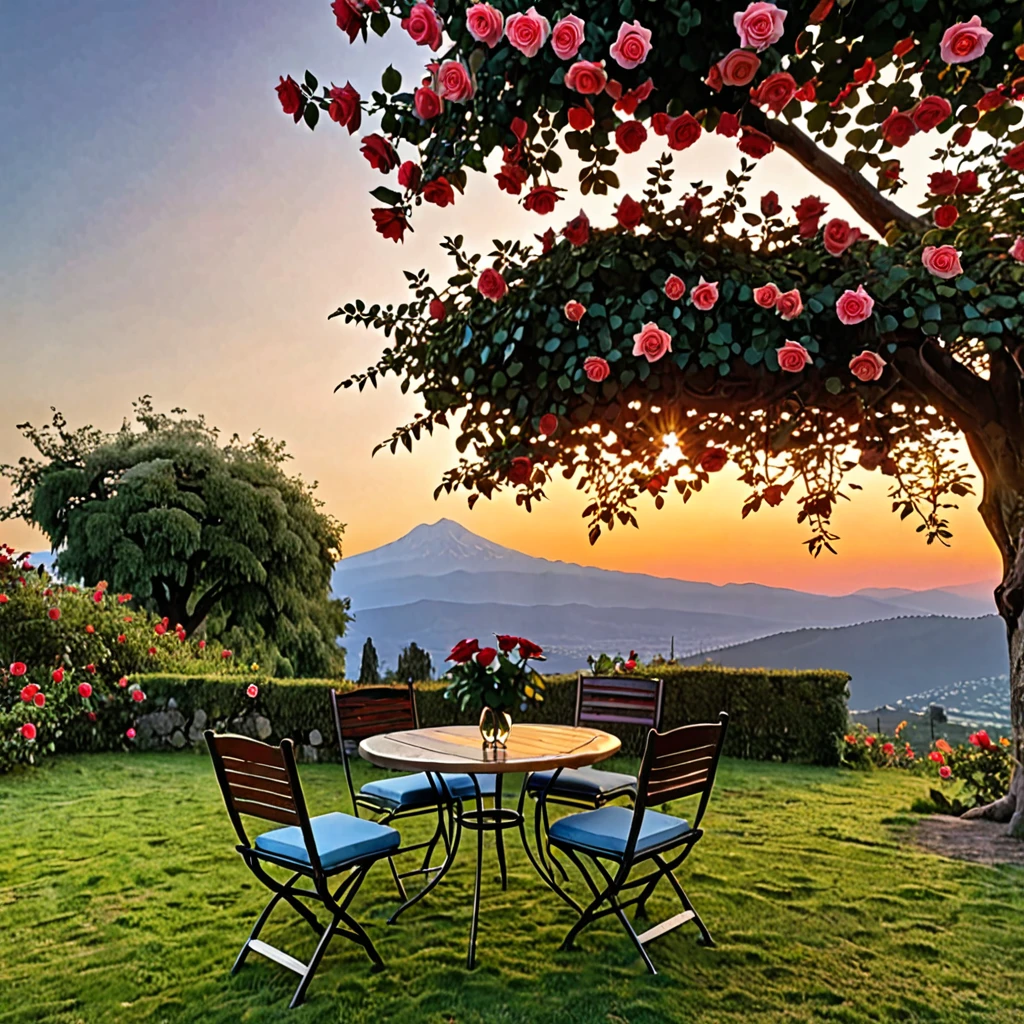 Roses with a table and two chairs under a giant tree, a mountain view in the background, covered in sunset