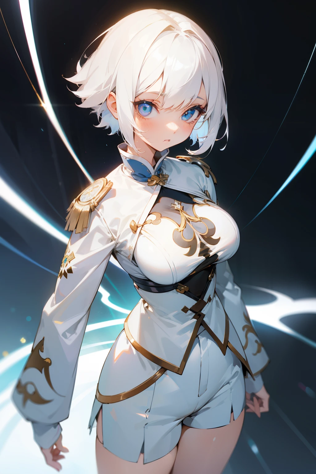 Cute girl, short white hair, bright eyes, white clothes embroidered with light lines, big breasts, short pants, Master, Nanokings, one