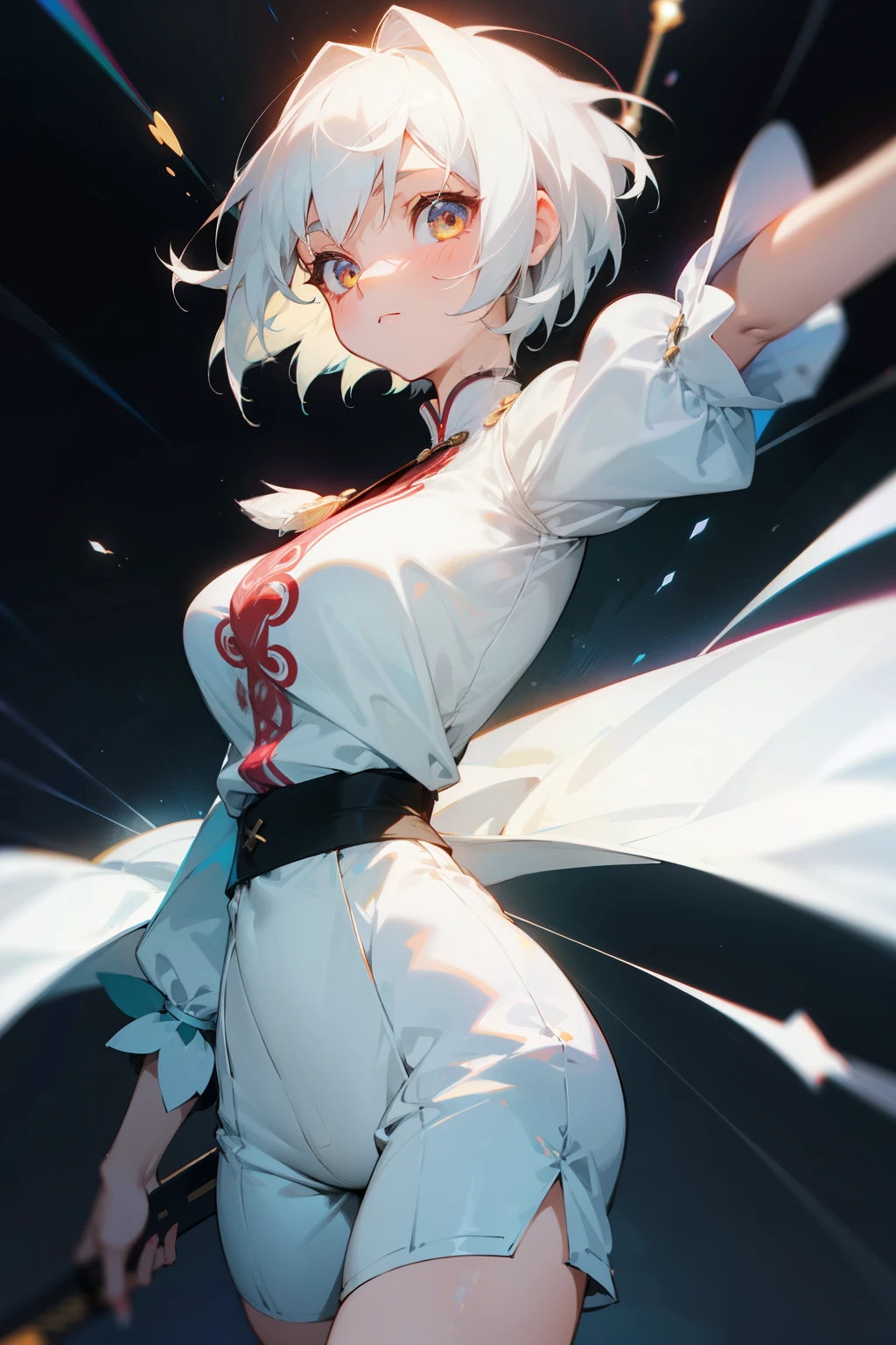 Cute girl, short white hair, bright eyes, white clothes embroidered with light lines, big breasts, short pants, Master, Nanokings, one