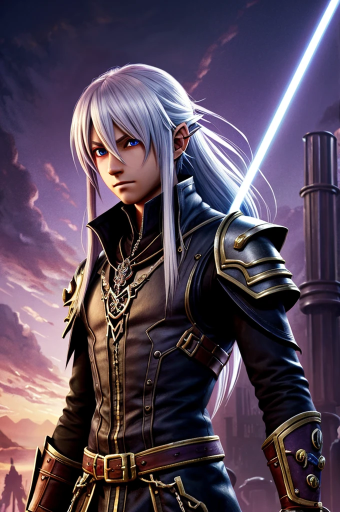 ((best quality)), ((masterpiece)), (detailed), ((1boy)), ((mix between dungeonpunk and steampunk)), (serious), fantasy illustration dark skinned, human, upper body, portrait, red eyes, long white hair, wearing armor, Xemnas from Kingdom Hearts, half-drow, pointy ears, serious face, dramatic lighting, purple hue, art by Kinema Citrus and Tetsuya Nomura