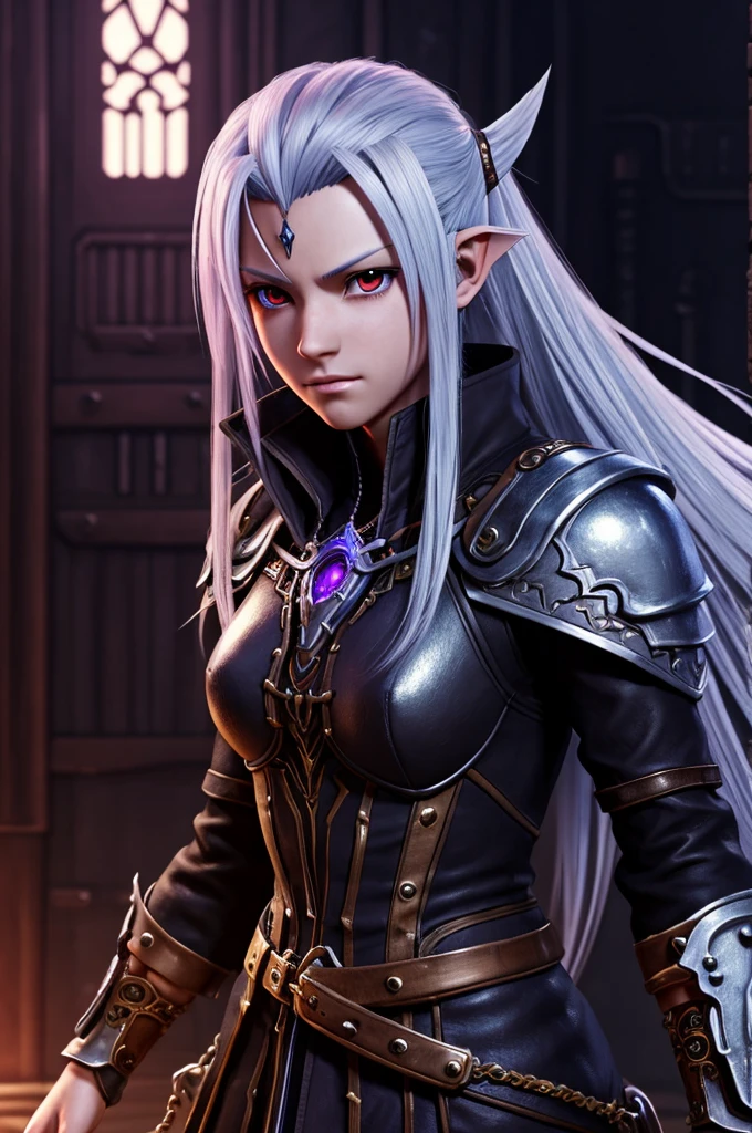 ((best quality)), ((masterpiece)), (detailed), ((1boy)), ((mix between dungeonpunk and steampunk)), (serious), fantasy illustration dark skinned, human, upper body, portrait, red eyes, long white hair, wearing armor, Xemnas from Kingdom Hearts, half-drow, pointy ears, serious face, dramatic lighting, purple hue, art by Kinema Citrus and Tetsuya Nomura