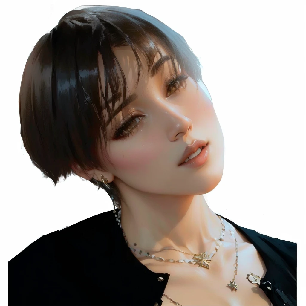 Arabic style image of a woman wearing a black shirt and necklace, Short hair, San Yun-ju, Damn, Blackpink's Joshi portrait, Round face, Jimin\Greek nose, Short neck, Cai Xukun, Very low quality, Jimin\Plump lips, K-POPアイドルのポートレート, Hime cut, Bad luck