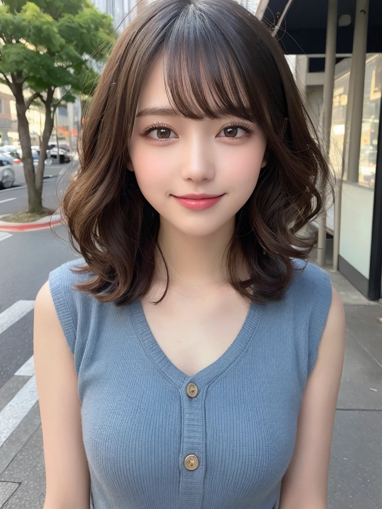 masutepiece, Best Quality, Illustration, Ultra-detailed, finely detail, hight resolution, 8K Wallpaper, Perfect dynamic composition, Beautiful detailed eyes, doress, mid-chest, Natural Color Lip, Random and sexy poses,Smile,Aoyama Street Walk、20 years girl、bobhair,Short hairstyle、Loose curly hair