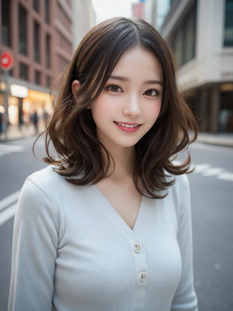 masutepiece, Best Quality, Illustration, Ultra-detailed, finely detail, hight resolution, 8K Wallpaper, Perfect dynamic composition, Beautiful detailed eyes, doress, mid-chest, Natural Color Lip, Random and sexy poses,Smile,Aoyama Street Walk、20 years girl、bobhair,Short hairstyle、Loose curly hair