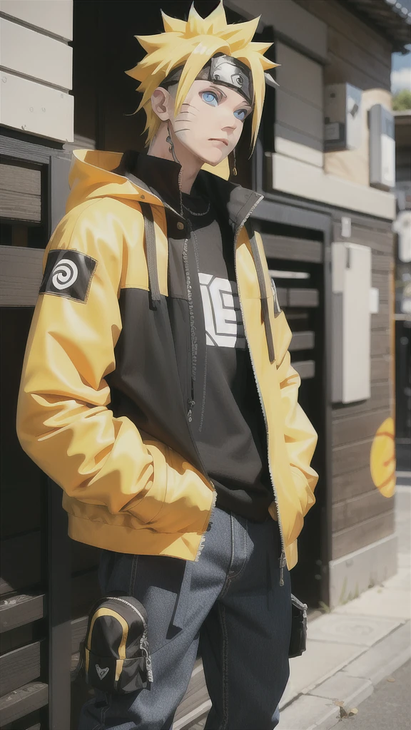 Masterpiece, 1boy, Superb Style, streetwear Supreme chothes, Outdoor, Upper Body, Uzumaki Naruto, blue eyes, yellow hair, cool boy
