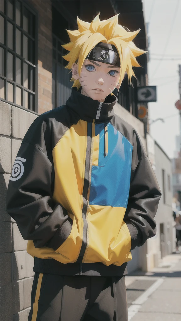 Masterpiece, 1boy, Superb Style, streetwear Supreme chothes, Outdoor, Upper Body, Uzumaki Naruto, blue eyes, yellow hair, cool boy
