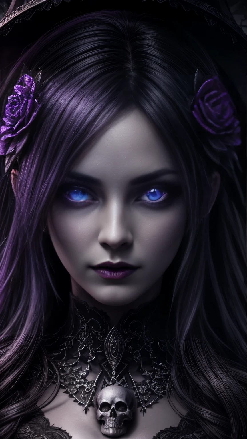 Highly detailed 8K wallpapers, Medium shot photo of a necromancer with shadows, Complex, High Detail, dramatic, Gothic, skull, Bright Eyes, Deep lilac, Holding a skull head with bright eyes Deep lilac, Pret vegetal.