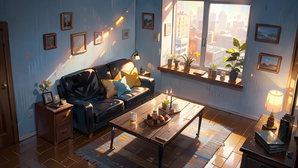 Dark apartment, small birthday cake on old wooden table, modern apartment, alarm clock on the wall,anime scene.Upward shot,No humans