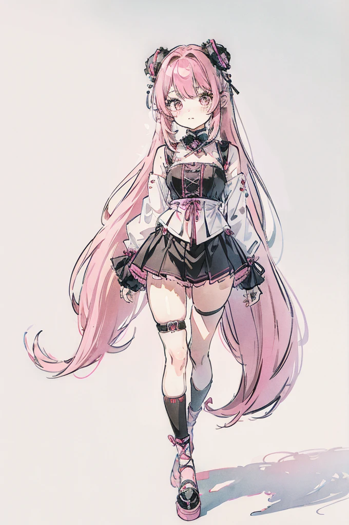 emo girl, white background, kawaii, full body, pink hair, Emotional, gothic