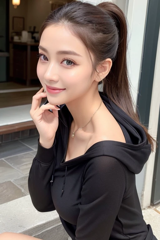 ((masterpiece:1.3))、(ハイponytailのヘアスタイル、Dark brown hair)、、(Wear a lightweight hood:1.3)、(Instagram selfie poses:1.2)、(A pure and elegant girl)Beautiful feet、Human whole body、、Small Ass、One Girl、Beautiful Japanese Women:1.3、(ponytail、 outside:1.2)、White tank top:1.2、Beautiful woman with perfect style:1.4、Perfect Eyes、Calm Eyes、Perfect Iris、Perfect Lips、Natural smile、Smiling Face、Perfect Skin、Do not polish、Super detailed face、Delicate eyes、double eyelid、Exposed cleavage、Soft Breasts