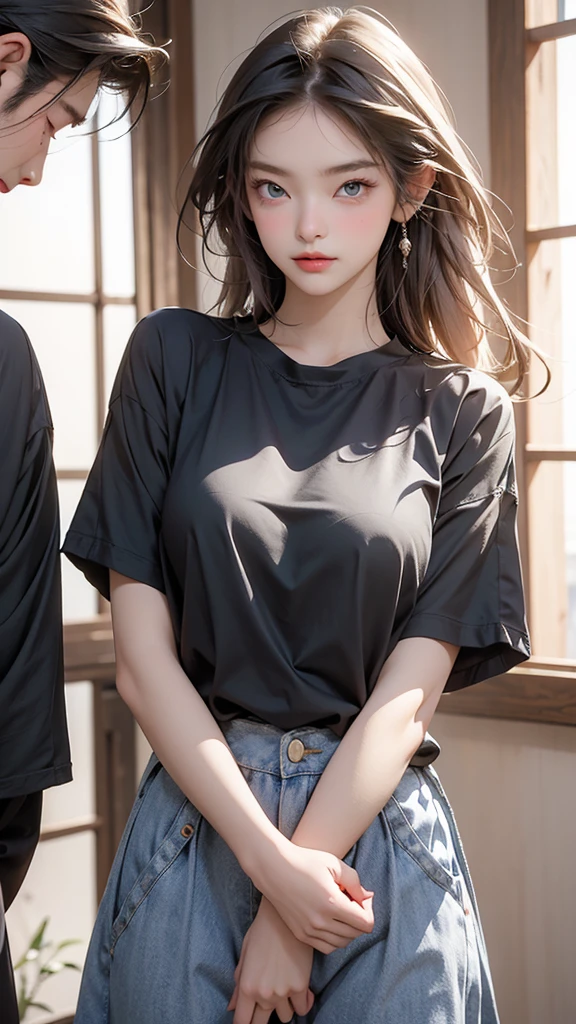 Please create an image of two people. First, a stunning beauty who is half French and half Japanese. She has an exceptionally beautiful face, with striking blue eyes and long, straight blonde hair. She wears a cute dress and has a smiling expression. The second person is a man with black hair and long bangs. He wears a T-shirt and denim. His expression is slightly bashful. The composition should be an upper body close-up image, with the beauty on the right and the man on the left, standing side by side.