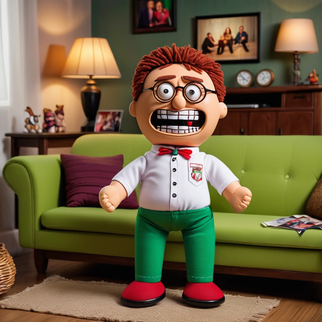 (knitted toy voodoo doll:1.8), (Voodoo Peter Griffin:1.3), (Clothes white shirt, green pants, round glasses:1.2), silly smile, (in the background a living room with a sofa, TV and family photos:1.2), best quality, masterpiece, detailed soft oil painting, detailed background, dramatic cinematic lighting, soft edge lighting, professional, dramatic lighting, hard edge lighting, ultra quality, 4k,masterpiece, best quality, 8k, ultra highres, highres, extremely detailed