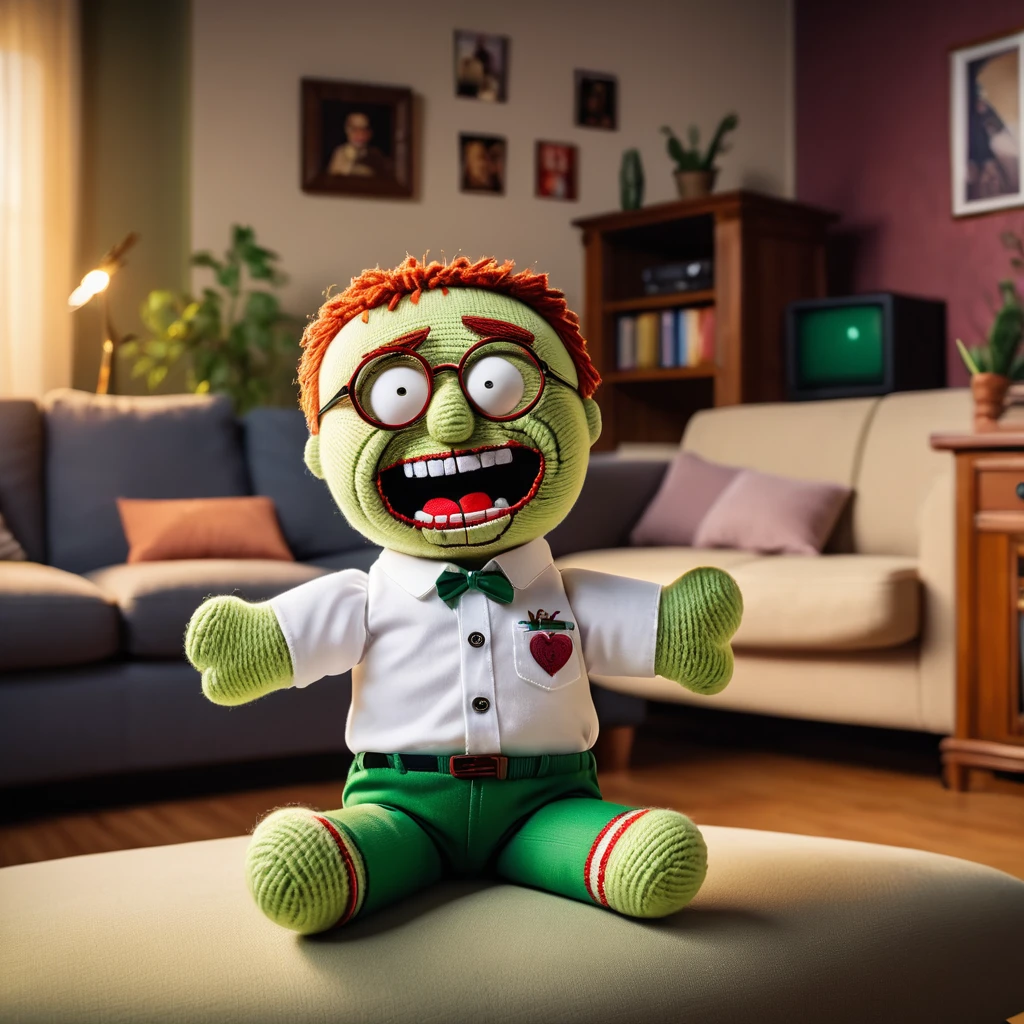 (knitted toy voodoo doll:1.8), (Voodoo Peter Griffin:1.3), (Clothes white shirt, green pants, round glasses:1.2), silly smile, (in the background a living room with a sofa, TV and family photos:1.2), best quality, masterpiece, detailed soft oil painting, detailed background, dramatic cinematic lighting, soft edge lighting, professional, dramatic lighting, hard edge lighting, ultra quality, 4k,masterpiece, best quality, 8k, ultra highres, highres, extremely detailed