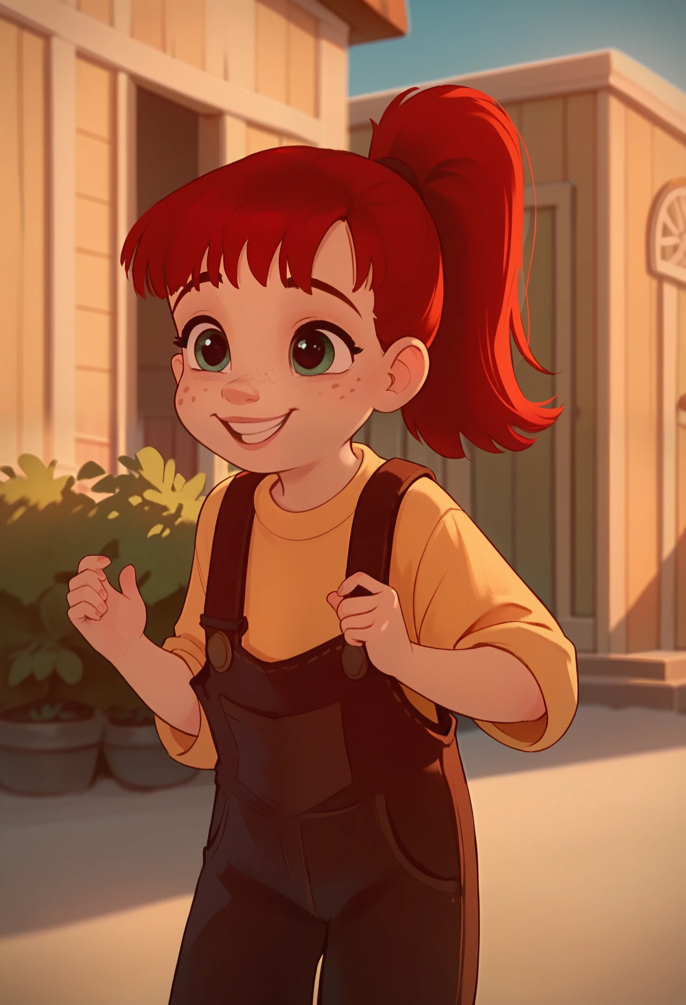 score_8, Score_9, female_child, 1 girl, solo,  rosy, red hair, overalls, yellow shirt, freckles, ponytail, standing, smiling, outdoors,