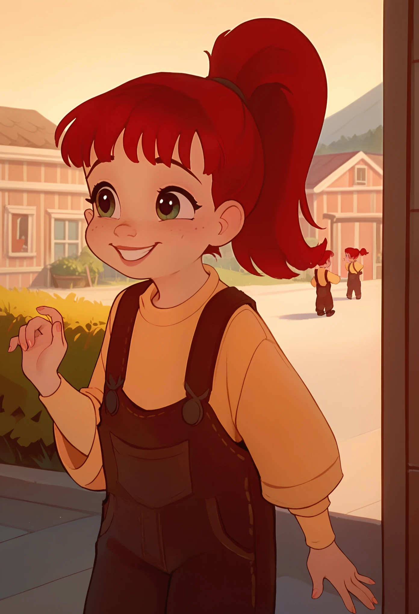 score_8, Score_9, female_child, rosy, red hair, overalls, yellow shirt, ponytail, standing, smiling, outdoors,