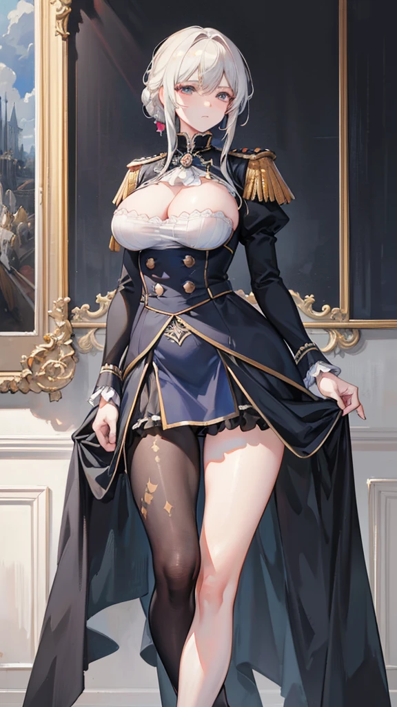 Frederick the Great (Azure Lane:0.5),  sagging, Uniform, whole body, (Permanent), Indoors, outdoor, Model shooting style, masterpiece, detailed, high quality, sharp focus, Dramatic, realistic painting art, posture, Express, leg, (extremely detailed CG unity 8k wallpaper), Professional Majestic Oil Paintings by Ed Blinkey,