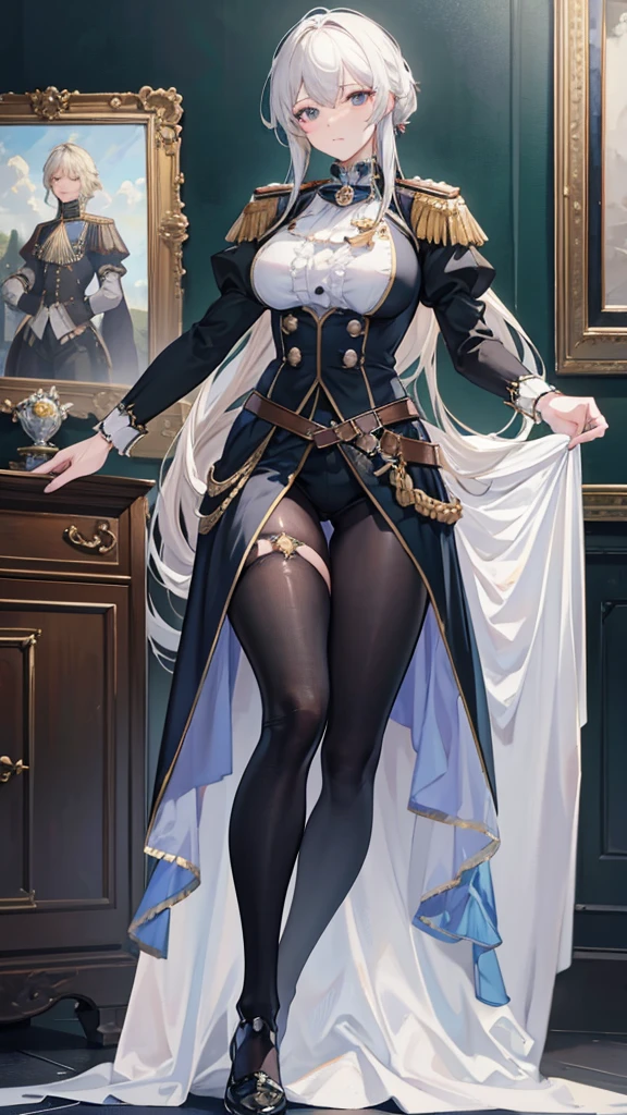 Frederick the Great (Azure Lane:0.5), Breast sagging, Uniform, whole body, (Permanent), Indoors, outdoor, Model shooting style, masterpiece, detailed, high quality, sharp focus, Dramatic, realistic painting art, posture, Express, leg, (extremely detailed CG unity 8k wallpaper), Professional Majestic Oil Paintings by Ed Blinkey,