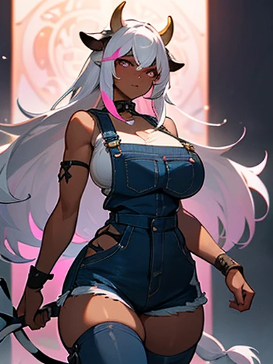 8k_wallpaper, extremely detailed eyes, extremely detailed body, (large masterpiece digital art), (detailed manga illustration), (detailed line art), ((perfect anatomy)), (intricate details:1.3), (ultra-detailed:1.3), (illustration:1.3), (sharp focus:1.3), (natural lighting:1.05), (vivid colors:1.3), (masterpiece), (best quality:1.4), (perfect anatomy:1.4), high quality, expressive eyes, full body, tall girl, detailed face, beautiful face, perfect face, detailed ((white hair)), (black hair), (pink eyes), {{dark skin}}, ({dark skinned female}), cow girl, gigantic breasts, thick thighs, very long hair, bare shoulders, denim, (blue overalls), overalls, dynamic lighting, cow print, high resolution, 4k resolution, dynamic pose, silver jewelry, {fantasy farm background}, choker, (cow ears), {{cow tail}}, (tail), ((streaked hair)), wide hips, thighhighs, horns, {cow horns}, animal ears, skin dentation, curvy, plump,