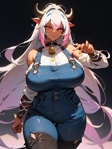 8k_wallpaper, extremely detailed eyes, extremely detailed body, (large masterpiece digital art), (detailed manga illustration), (detailed line art), ((perfect anatomy)), (intricate details:1.3), (ultra-detailed:1.3), (illustration:1.3), (sharp focus:1.3), (natural lighting:1.05), (vivid colors:1.3), (masterpiece), (best quality:1.4), (perfect anatomy:1.4), high quality, expressive eyes, full body, tall girl, detailed face, beautiful face, perfect face, detailed ((white hair)), (black hair), (pink eyes), {{dark skin}}, ({dark skinned female}), cow girl, gigantic breasts, thick thighs, very long hair, bare shoulders, denim, (blue overalls), overalls, dynamic lighting, cow print, high resolution, 4k resolution, dynamic pose, silver jewelry, {fantasy farm background}, choker, (cow ears), {{cow tail}}, (tail), ((streaked hair)), wide hips, thighhighs, horns, {cow horns}, animal ears, skin dentation, curvy, plump,