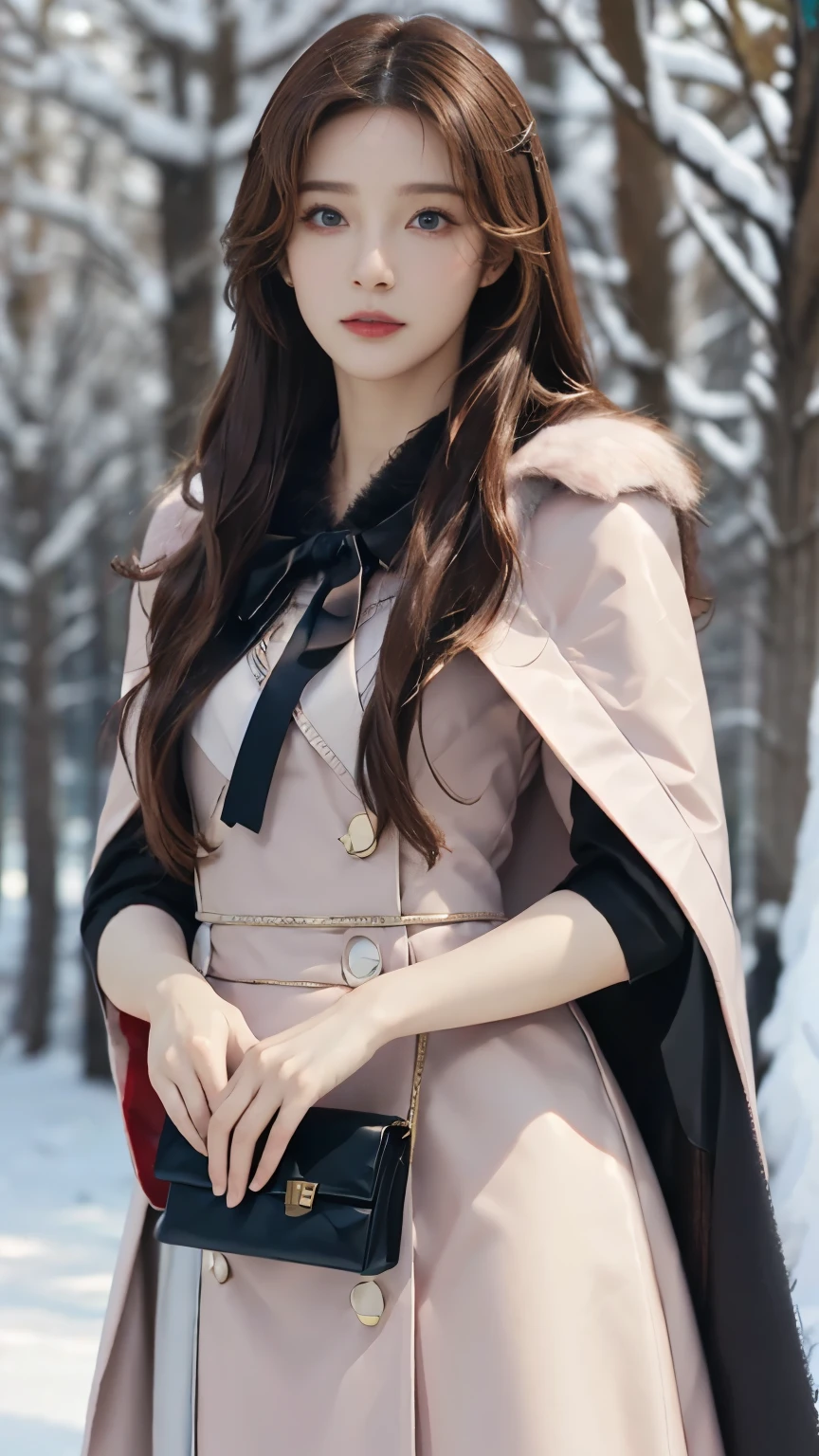 (best quality, 8K, 32k，The details are very clear),Practical, high resolution, 1 Japan female, Solitary, (****ta clothing)，Luxury Clothing，For the audience，(Upper Body，Upper limbs)， beautiful eyes, Brown hair, ringed eyes, (external，heavy snow，Thick fur cape，Covered with snow)，Snowfield，blue eyes，best qualityのイラスト，Detailed facial features，Ultra HD, High Detail, high quality, high resolution, best quality, 8K, 16K, High Detail, high quality, high quality, Super Detail, Anatomically correct, masterpiece, precise