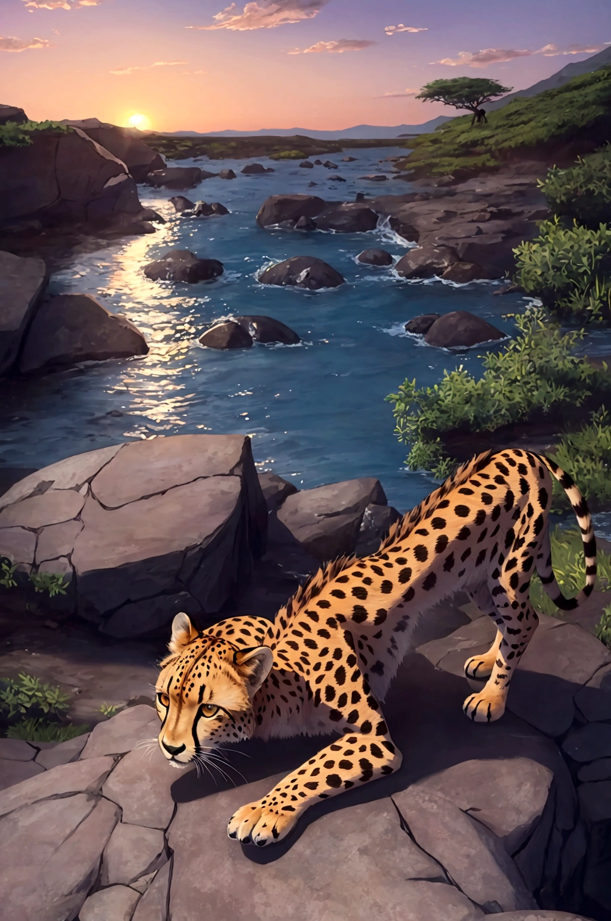 fat female cheetah, silver bracelets, silver necklace, silver earrings, bathing in a river, naked, beautiful detailed eyes, beautiful detailed lips, extremely detailed face, long eyelashes, photorealistic, 8k, highly detailed, masterpiece, wildlife, nature, realistic, intricate details, shimmering water, warm sunset lighting, vibrant colors, no hair