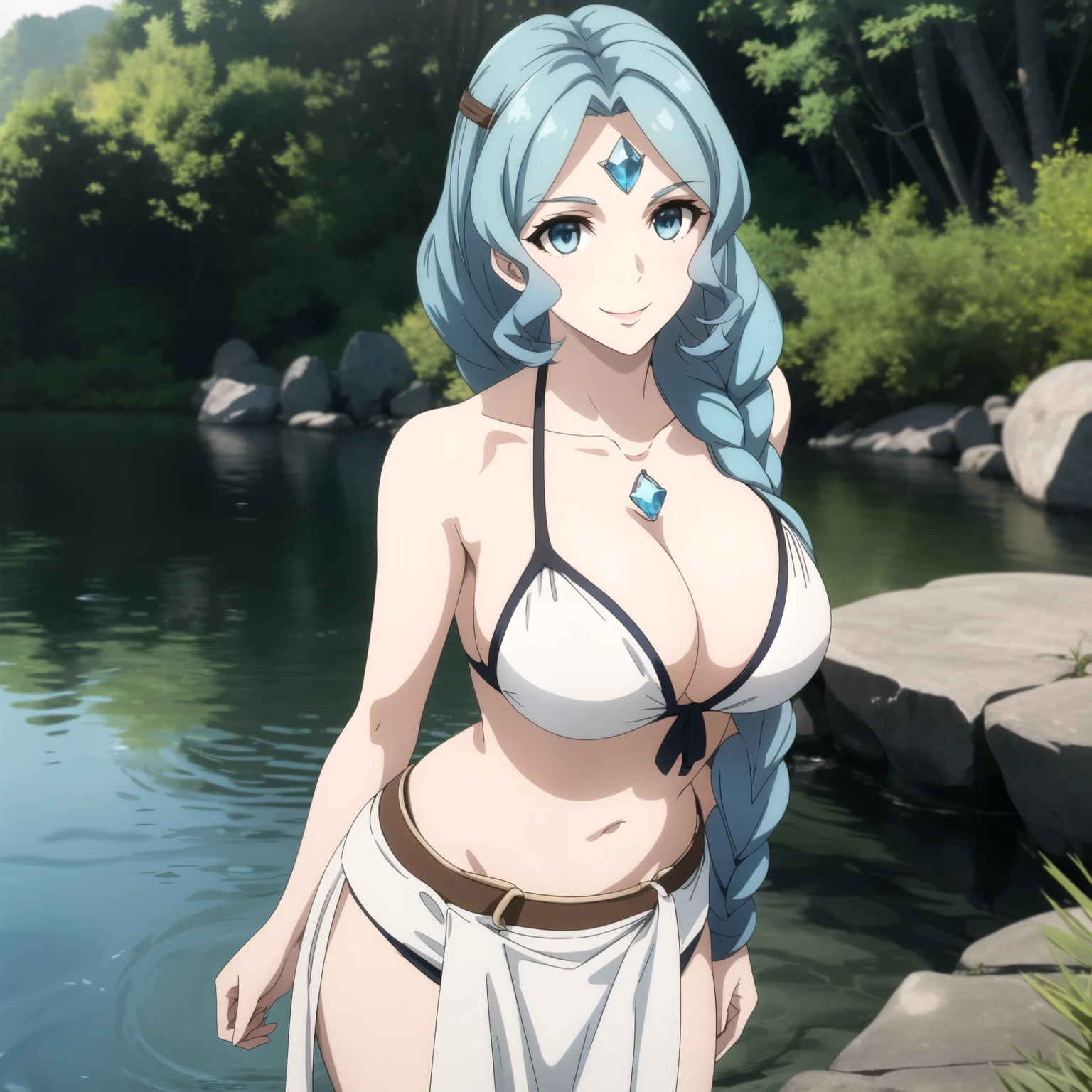 Therese Alexanderite, 25 year old woman, braided light blue hair, a jewel on his forehead, blue eyes, big breasts,  SMILE, white bikini, in a lake.