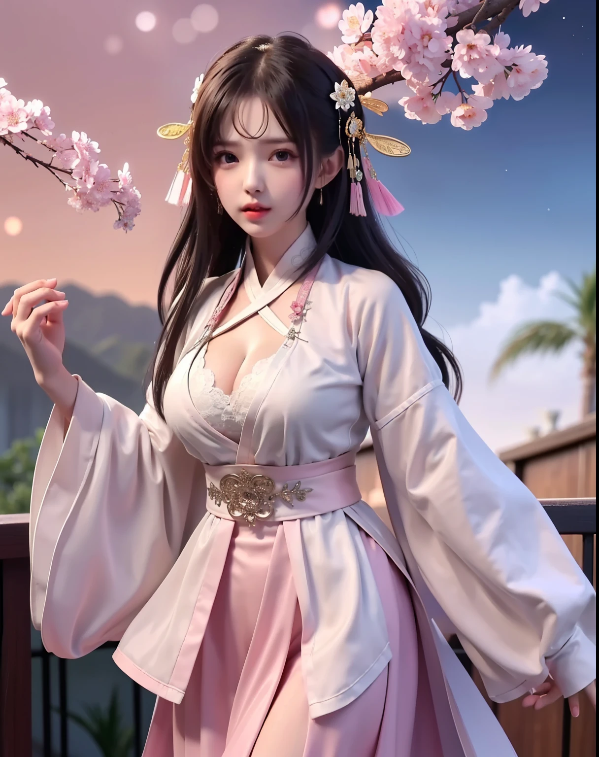 (8k, RAW photo:1.2), best quality, ultra high res,dramatic angle,(fluttered detailed color splashs), (illustration),(((1 girl))),(long hair),(rain:0.9), (Headdress:1.4),There is an ancient palace beside the girl,Hanfu,(Key Points),Color ink painting,(Splash of Color),Splash of Color,(((colorful))),(sketch:0.8) , Masterpiece, best quality, beautiful painted, highly detailed,(denoising:0.6),[splash ink],((ink refraction)), (beautiful detailed sky),moon,highly,detaild,(masterpiece, best quality, extremely detailed） CG Unity 8k Wallpaper，masterpiece，best quality，Ultra Detailed），（Lycoris）. hanfu open v   open V-chested clothes Thin silk lace dress , (huge ，cleavage),, white pink, blue ，best qualtiy，tmasterpiece，Ultra-high resolution，（Reality：1.4），RAW photogr，（True skin texture：1.3），（filmgrain：1.3），（Selfie angle），1个Giant Breast Girl，Beautiful eye and face details，tmasterpiece，Best quality at best，，The chest more exposed， detailed hair, bra pink , detail 8k, full body, lace petticoat, fan handle