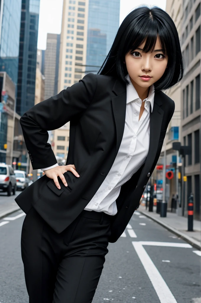 Anime girl black hair black suit gray city