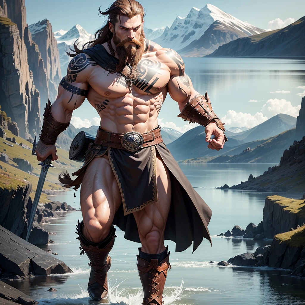 Black tattoo vector design Viking left arm, a full body muscular Viking man, muscular legs, holding just one big sword in his right hand, perfect hands, brown hair parted with bangs, perfect realistic blue eyes, wearing warrior leather boot, wearing warrior boots, lake and mountains in the background.
