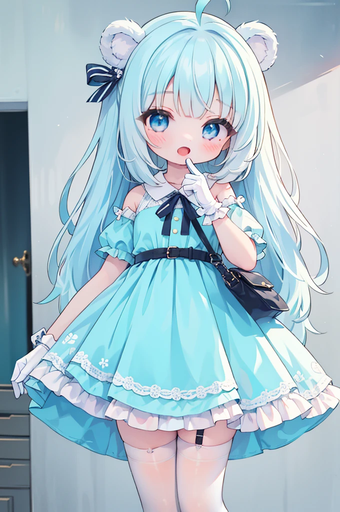 masterpiece, best quality, extremely detailed, (illustration, official art:1.1), 1 girl ,(((( light blue long hair)))), ,(((( light blue long hair)))),light blue hair, , long hair ((blush)) , cute face, big eyes, masterpiece, best quality,(((((a very delicate and beautiful girl))))),Amazing,beautiful detailed eyes,blunt bangs((((little delicate girl)))),tareme(true beautiful:1.2), sense of depth,dynamic angle,,,, affectionate smile, (true beautiful:1.2),,(tiny 1girl model:1.2),)(flat chest), 1girl, , charmy-angle, looking at viewer, blue bow, frills, striped bow, head tilt, smile, frilled dress, thighhighs, white thighhighs, hair ornament, shoes, frilled sleeves, dress bow, cross-laced clothes, blue eyes, wrist cuffs, puffy short sleeves, polka dot bow, detached sleeves, leg up, short sleeves, solo, white gloves, bow legwear,, bow print, holding, blunt bangs, standing on one leg, outstretched arms, yellow dress, ahoge, plaid dress, :d, layered dress, blue footwear, collared dress, spread arms, off shoulder, white bow, hair bow, wavy hair, bag, animal bag, white neckwear, standing, blue ribbon, handbag, blush, neck ribbon, yellow bow, diagonal-striped bow, white collar, bear print, shadow, hair ribbon, bare shoulders, frilled thighhighs, orange dress, garter straps, open mouth, frilled bow, print skirt, detached collar, bear shaped bag, back bow, puffy sleeves, masterpiece, best quality