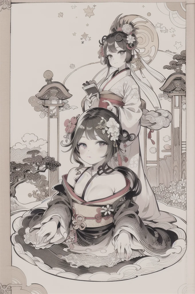 best quality, masterpiece, photo, 4K, photorealistic, highly detailed, huge moon in the background, black and white, closeup, Create a realistic ukiyo-e illustration of a cute girl in a kimono that conveys Japanese culture in various poses with a Japanese garden in the background, using a simple monochrome coloring book that even children can do.