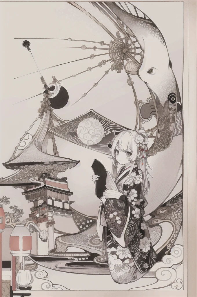 best quality, masterpiece, photo, 4K, photorealistic, highly detailed, huge moon in the background, black and white, closeup, Create a realistic ukiyo-e illustration of a cute girl in a kimono that conveys Japanese culture in various poses with a Japanese garden in the background, using a simple monochrome coloring book that even children can do.