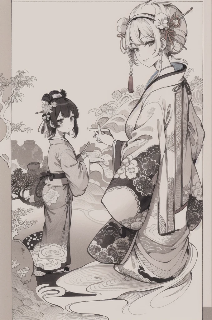 best quality, masterpiece, photo, 4K, photorealistic, highly detailed, huge moon in the background, black and white, closeup, Create a realistic ukiyo-e illustration of a cute girl in a kimono that conveys Japanese culture in various poses with a Japanese garden in the background, using a simple monochrome coloring book that even children can do.
