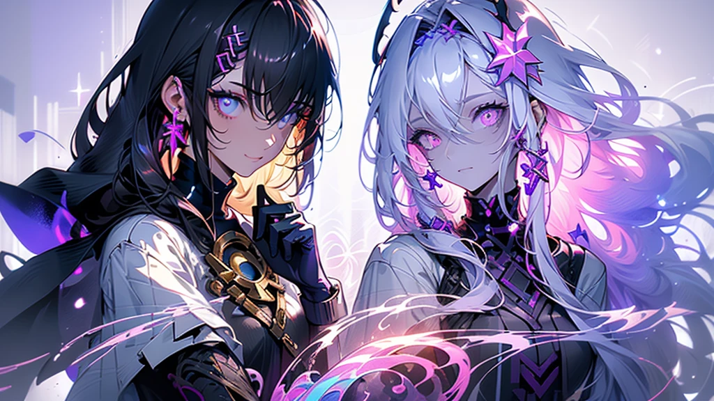 cheerful boy with open forehead. dark purple hair braided in a ponytail on the left side to one side. sinuous black horns wrapped in dark purple ribbon. pale violet eyes. in short dark purple shorts. long white T-shirt. dark purple knee-high socks. a white long robe with a hood flutters in the wind. black ancient stone walls of the castle purple light from lamps with gold ornaments, heterochromia, long curly hair, pale skin, I look at the viewer, closed mouth, bright smile, Beautiful, extremely detailed eye, close-up, upper body,, Absolutely amazing art, extremely detailed, Digital art of the highest quality,