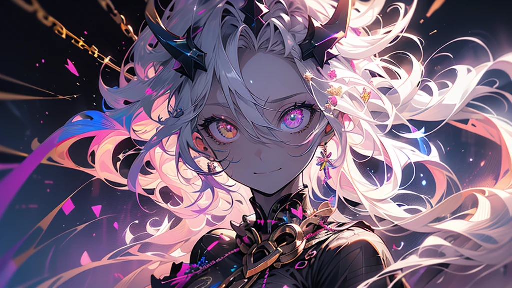cheerful boy with open forehead. dark purple hair braided in a ponytail on the left side to one side. sinuous black horns wrapped in dark purple ribbon. pale violet eyes. in short dark purple shorts. long white T-shirt. dark purple knee-high socks. a white long robe with a hood flutters in the wind. black ancient stone walls of the castle purple light from lamps with gold ornaments, heterochromia, long curly hair, pale skin, I look at the viewer, closed mouth, bright smile, Beautiful, extremely detailed eye, close-up, upper body,, Absolutely amazing art, extremely detailed, Digital art of the highest quality,