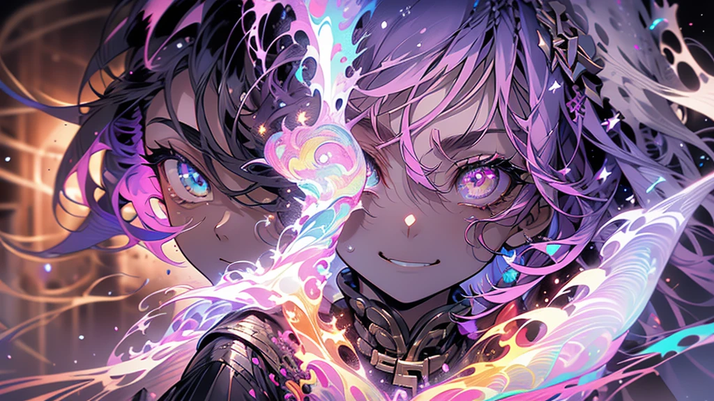 cheerful boy with open forehead. dark purple hair braided in a ponytail on the left side to one side. sinuous black horns wrapped in dark purple ribbon. pale violet eyes. in short dark purple shorts. long white T-shirt. dark purple knee-high socks. a white long robe with a hood flutters in the wind. black ancient stone walls of the castle purple light from lamps with gold ornaments, heterochromia, long curly hair, pale skin, I look at the viewer, closed mouth, bright smile, Beautiful, extremely detailed eye, close-up, upper body,, Absolutely amazing art, extremely detailed, Digital art of the highest quality,