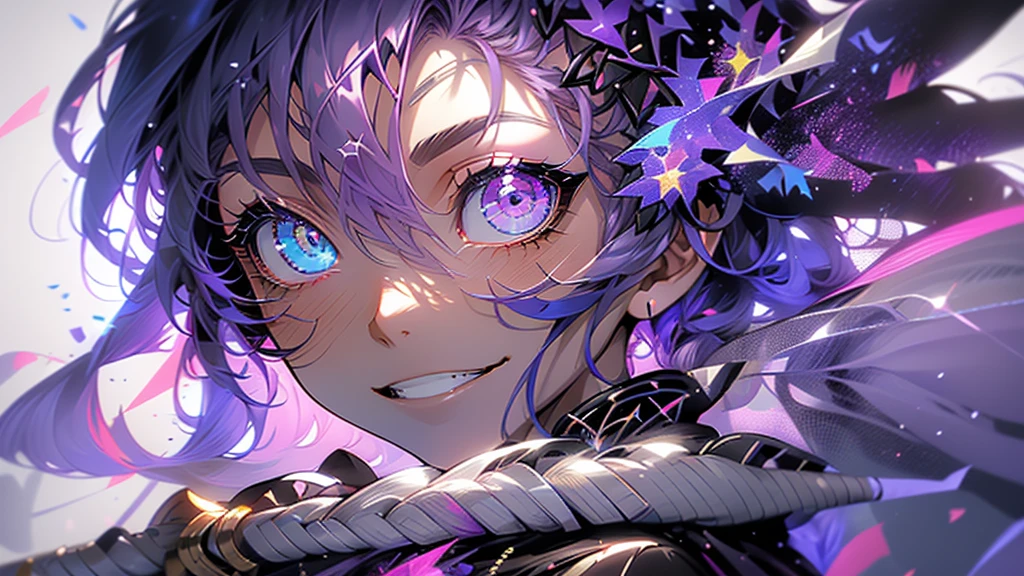cheerful boy with open forehead. dark purple hair braided in a ponytail on the left side to one side. sinuous black horns wrapped in dark purple ribbon. pale violet eyes. in short dark purple shorts. long white T-shirt. dark purple knee-high socks. a white long robe with a hood flutters in the wind. black ancient stone walls of the castle purple light from lamps with gold ornaments, heterochromia, long curly hair, pale skin, I look at the viewer, closed mouth, bright smile, Beautiful, extremely detailed eye, close-up, upper body,, Absolutely amazing art, extremely detailed, Digital art of the highest quality,