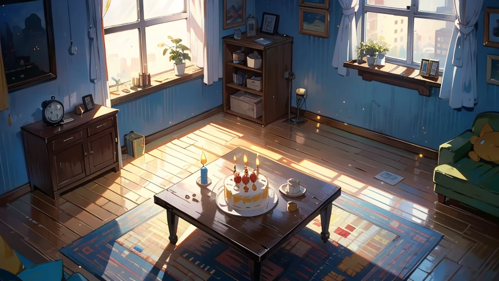 Dark apartment, small birthday cake on old wooden table, modern apartment, alarm clock on the wall，anime scene.Upward shot，View from the floor，No humans