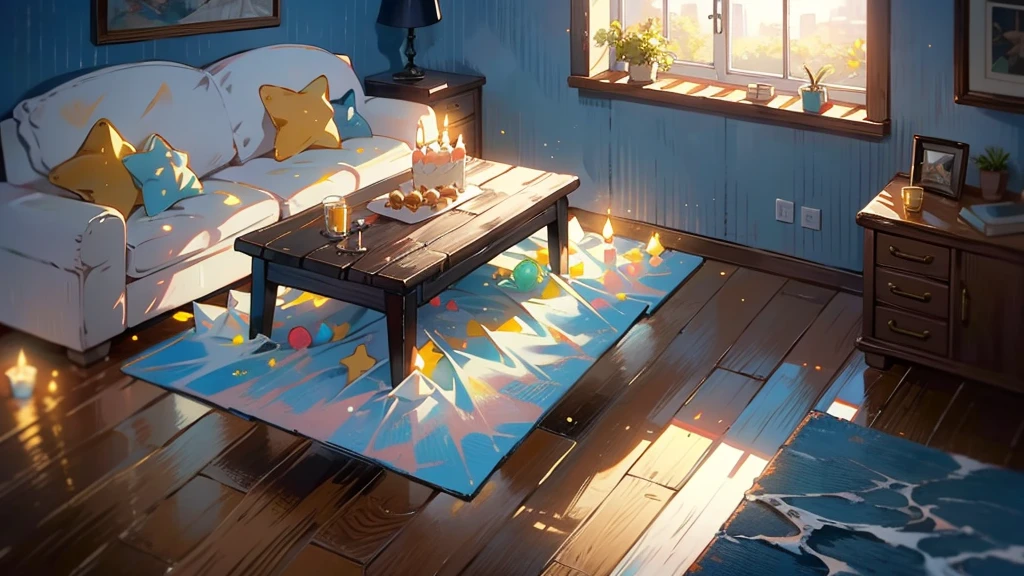 Dark apartment, small birthday cake on old wooden table, modern apartment, alarm clock on the wall,anime scene.Upward shot,View from the floor,No humans