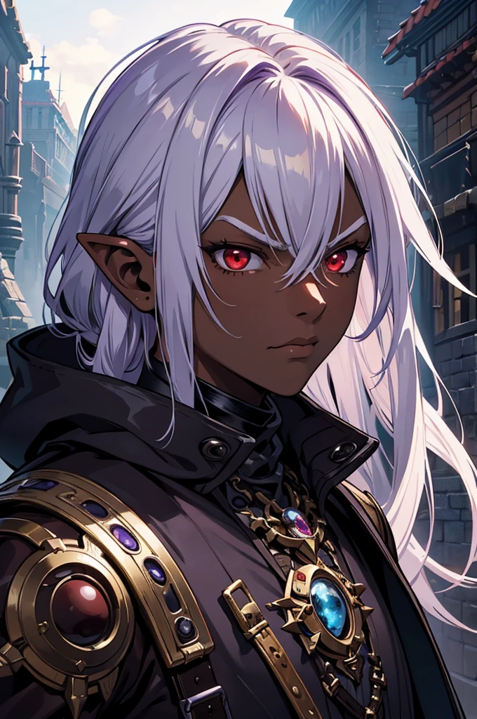 ((best quality)), ((masterpiece)), (detailed), ((boy)), ((mix between dungeonpunk and steampunk)), (serious), fantasy illustration dark skinned, human, upper body, portrait, red eyes, long white hair, wearing armor, Xemnas from Kingdom Hearts, half-drow, pointy ears, serious face, dramatic lighting, purple hue, art by Kinema Citrus and Tetsuya Nomura