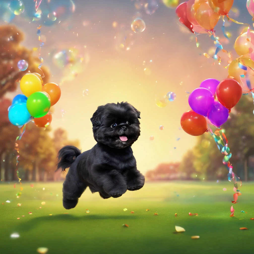2 adorable black shih tzus jumping at park with bubbles and balloons in back ground