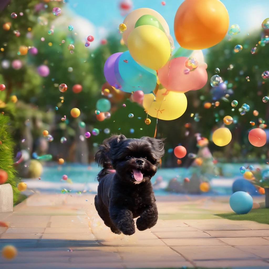 2 adorable black shih tzus jumping at park with bubbles and balloons in back ground
