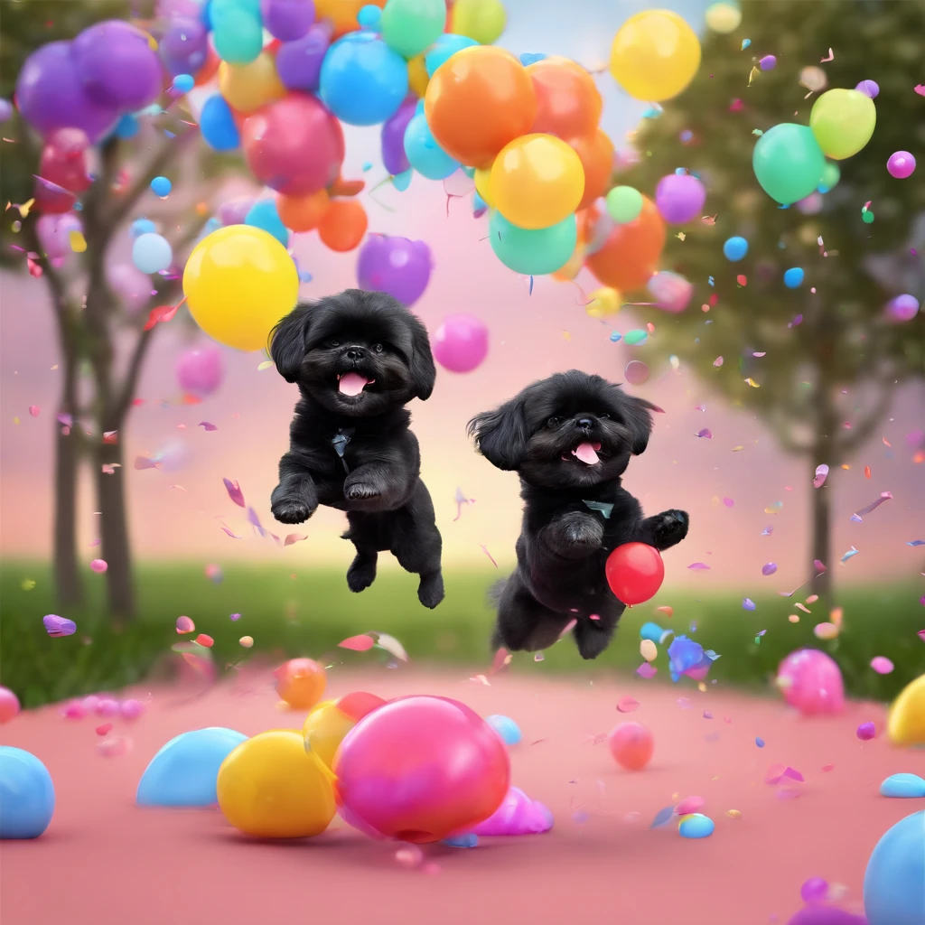 2 adorable small black shih tzu puppies, wearing bright bandanas and sunglasses, painting and making a mess, disney background, 3d cartoon, 3d render, disney pixar style, intricate details, soft lighting, vibrant colors, whimsical, photorealistic, 8k, best quality